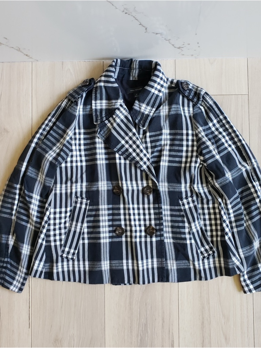 Ann Taylor Black and White Plaid Double-Breasted Pea Coat